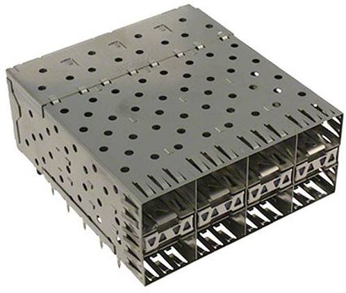 Ein schwarzes, perforiertes metallisches Anschlussgehäuse mit mehreren rechteckigen Schlitzen zum Einführen von Steckverbindern.