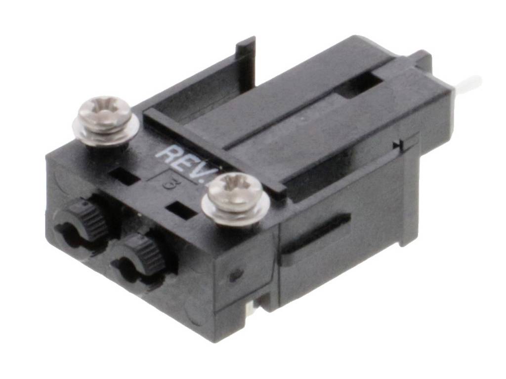 Ein schwarzes mechanisches Bauteil mit zwei sichtbaren Schrauben und einer Aufschrift 'REV'.