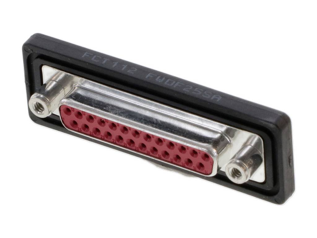 Ein D-Sub-Stecker mit 25 Pins, rechteckig, meist zur Verbindung von Computern und Peripheriegeräten verwendet.