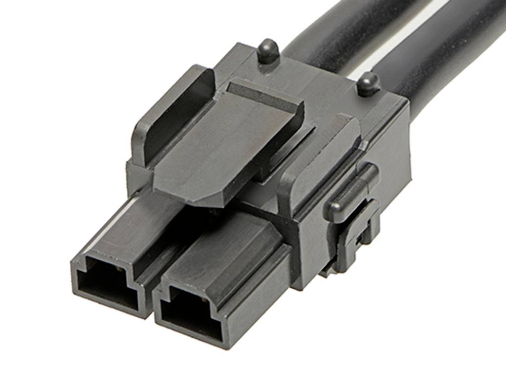 Black electrical plug with two sockets, connected to two cables, ISO-marked, close-up view.