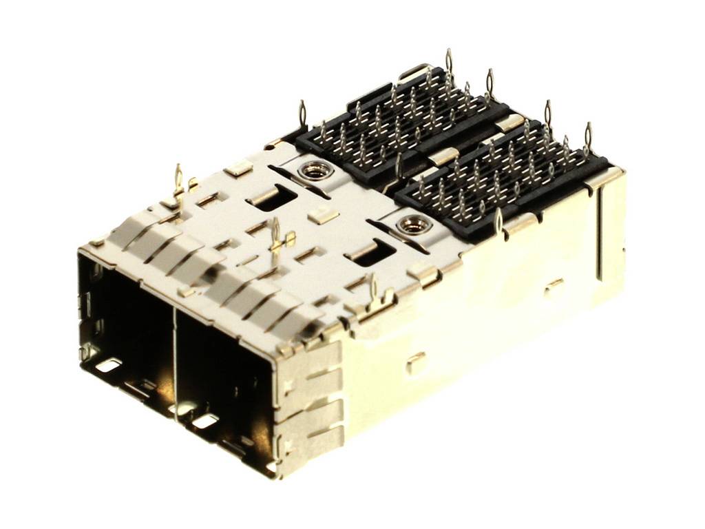 Doppelte optische Transceiver-Steckmodule mit mehreren Pins und zwei Ports, geeignet für Hochgeschwindigkeits-Datenübertragung.