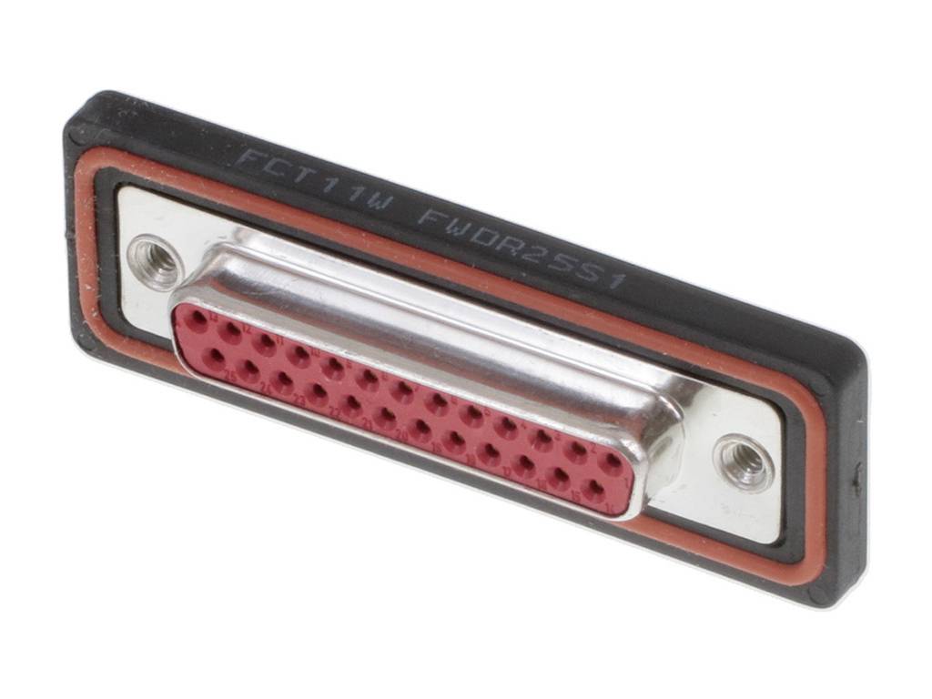 Ein 25-poliger D-Sub-Stecker, üblicherweise für serielle Kommunikationsschnittstellen verwendet, mit einem rechteckigen Metallgehäuse.