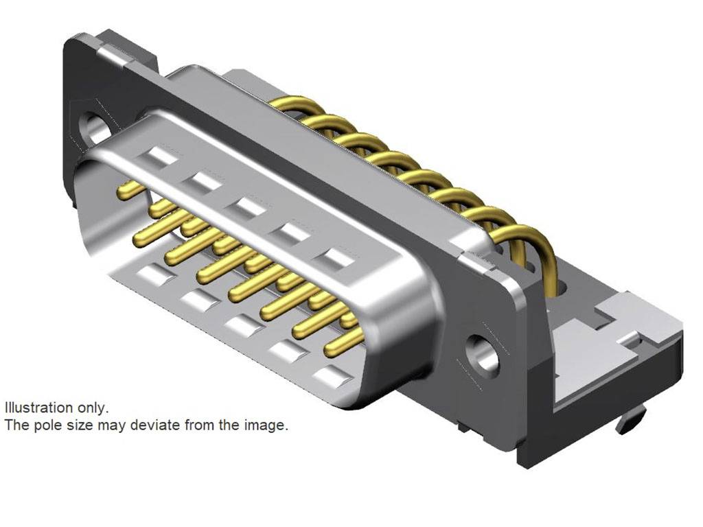 Abgebildet ist ein D-Sub-Stecker mit mehreren vergoldeten Leitungen. Hinweis: Abbildung kann von der tatsächlichen Polgröße abweichen.