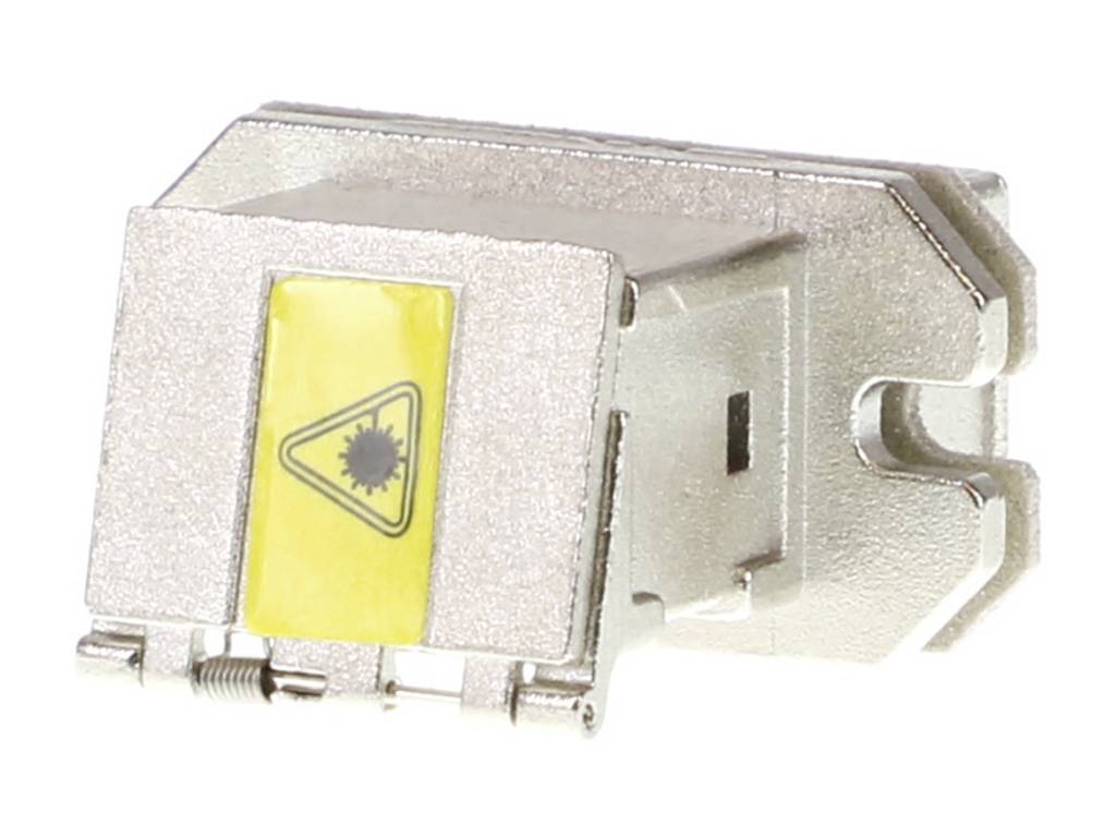 Ein Metallstecker mit gelbem Warnsymbol deutet auf Laservorsicht hin.