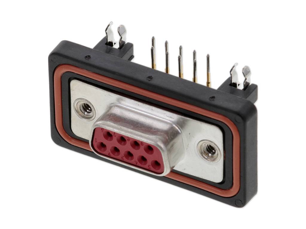 Ein D-Sub-Stecker mit rotem Innenleben und einem schwarzen Gehäuserand. Sechs Stifte ragen aus der Rückseite heraus.