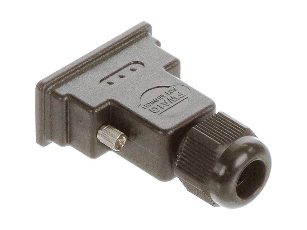 Ein schwarzer Winkelstecker mit geriffeltem Griff und Metallschraube, verwendet für elektrische Verbindungen.