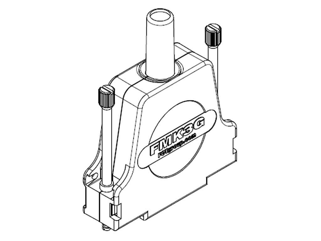 'FMK3-G' ist auf einem technischen Zeichnungsbauteil aufgedruckt, das mit Schrauben und einer hervorstehenden Röhre dargestellt ist.