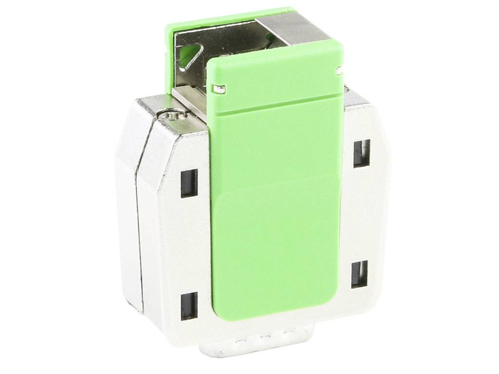 Ein grüner elektrischer Adapter auf silbernem Gehäuse, Verbindungsgerät für DIN-Schiene, zeigt seitliche Ausgänge und Metallklammer oben.