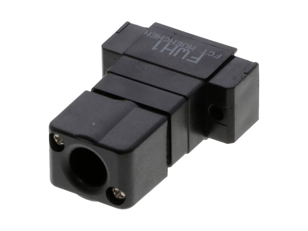 Ein schwarzer F-Verbindungsstecker aus Kunststoff, der vorne eine Steckbuchse zum Verbinden von Antennenkabeln hat.