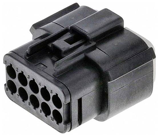 Ein 10-poliger schwarzer Elektrostecker mit nummerierten Buchsen, die Positionen für die Verbindung anzeigen. Wird in Automobil-Verdrahtungssätzen verwendet.