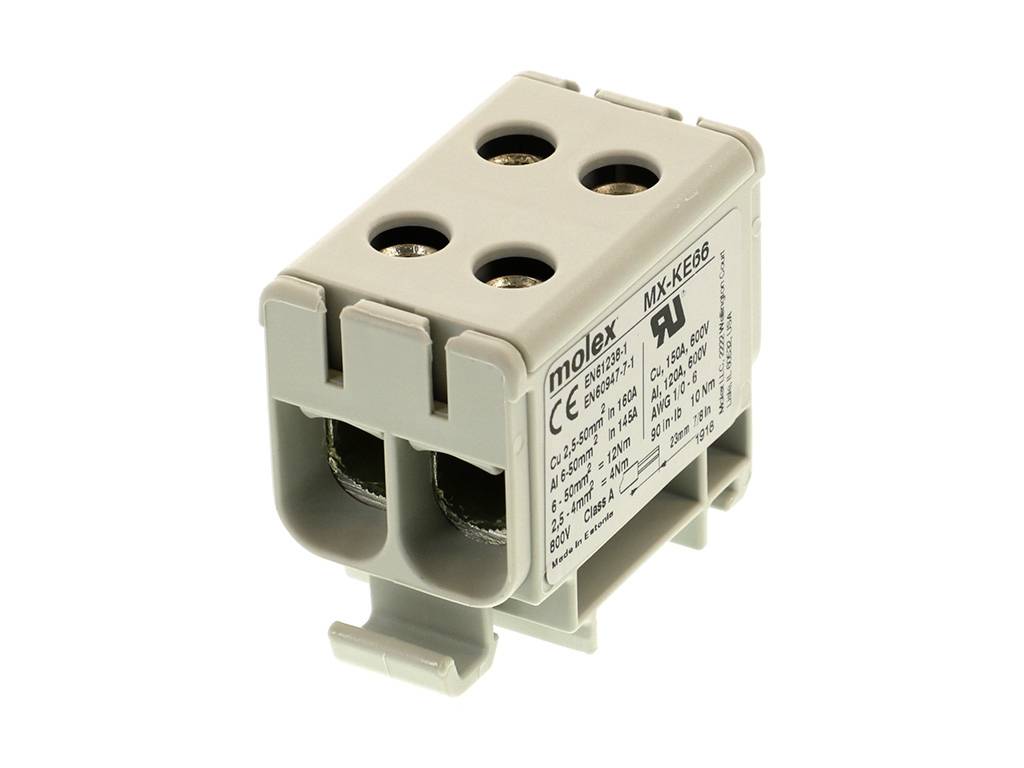 Ein grauer elektrischer Steckverbinder mit mehreren Anschlusspunkten und technischen Spezifikationen aufgedruckt an der Seite.