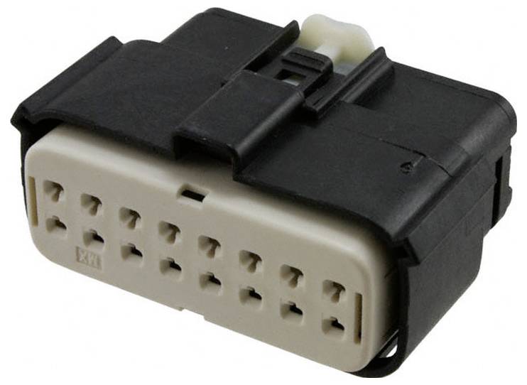 Ein schwarzer und beiger elektrischer Stecker mit mehreren Anschlüssen, wahrscheinlich für Automobil- oder Elektronikanwendungen verwendet.