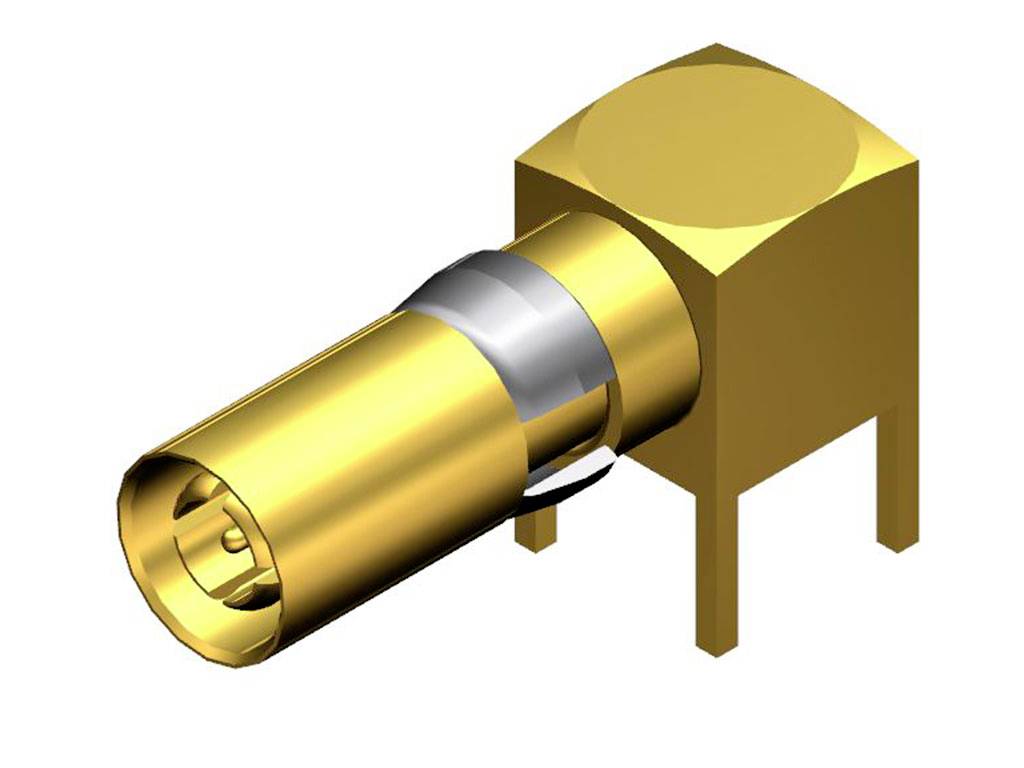 Goldener Steckverbinder, rechteckig mit rundem Anschluss, zur Verwendung in elektronischen Geräten oder Platinen.