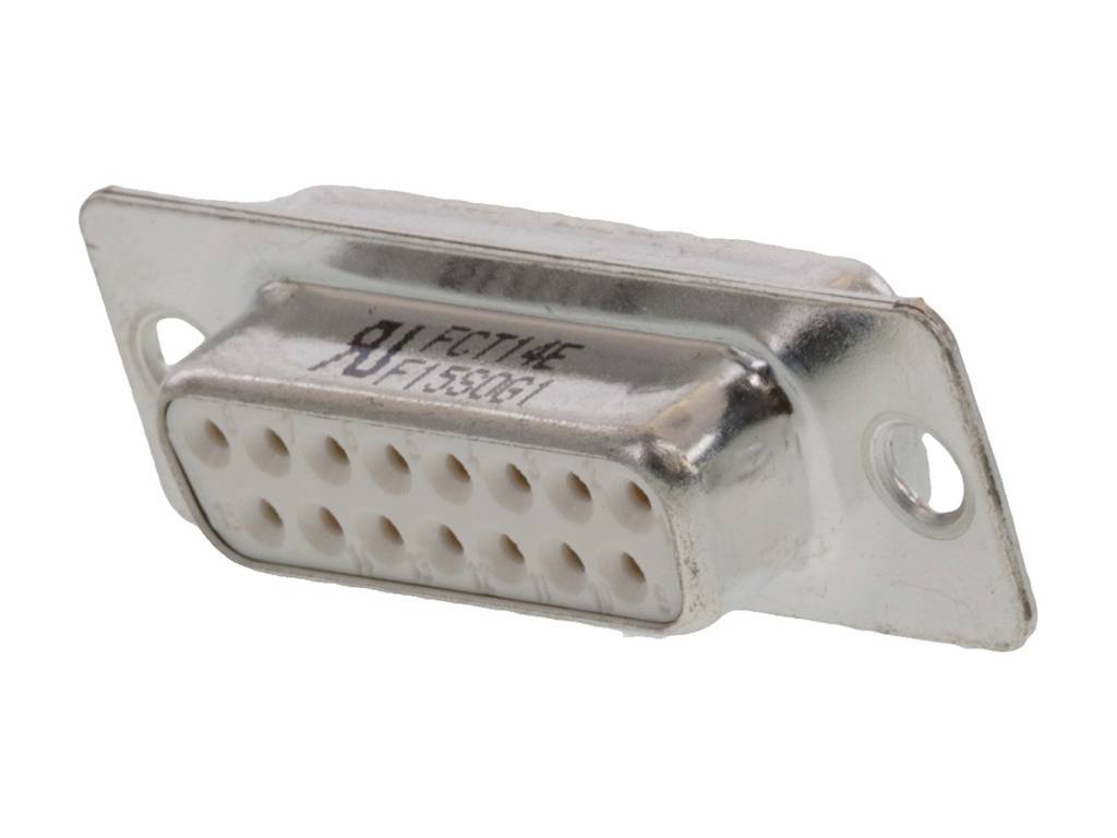 Ein weiblicher D-Sub-Stecker mit 15 Pins, montiert auf einer Metallplatte, wird aus einer schrägen Perspektive gezeigt.