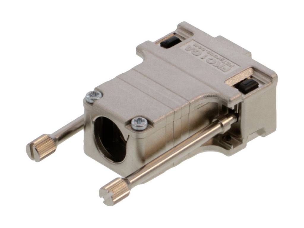 Ein D-Sub-Stecker mit Metallgehäuse, zwei Schraubstiften an den Seiten zur Befestigung, geeignet für die Verbindung elektronischer Geräte.
