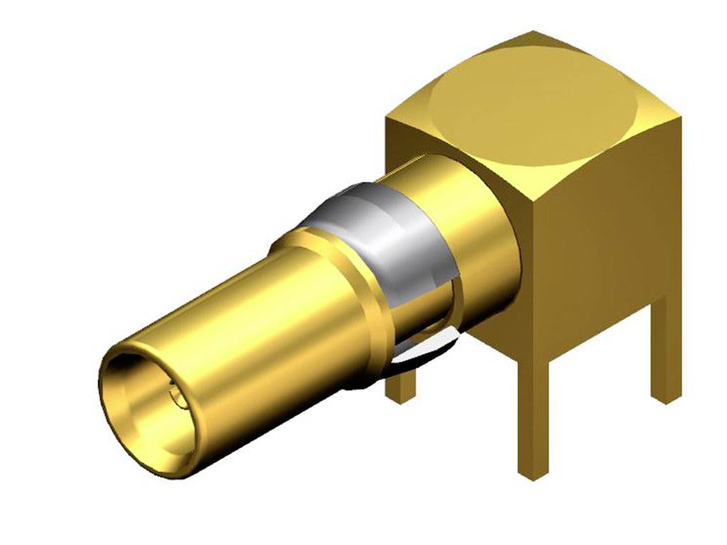 Goldener elektrischer Steckverbinder mit rechtwinkliger Halterung, geeignet für Leiterplattenmontage, isolierter mittlerer Pin.
