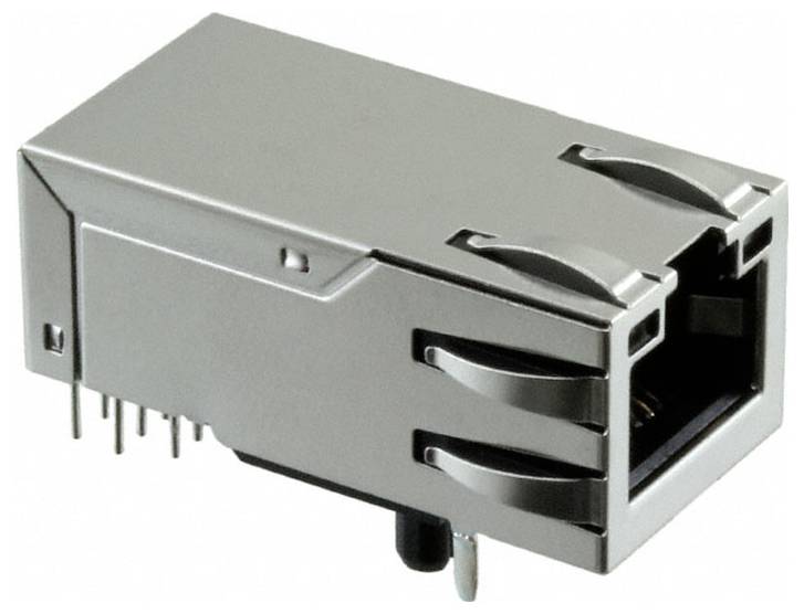 Ein Metallstecker RJ45 für Ethernet-Kabel mit silberner Gehäuse und mehreren Stiften für Schaltkreisplatinen-Verbindungen.