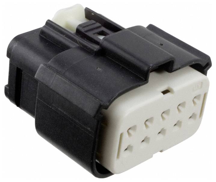 Ein rechteckiger schwarzer und weißer Elektrostecker mit mehreren Steckerplätzen, konstruiert für sichere Kabelverbindungen in elektronischen Geräten.