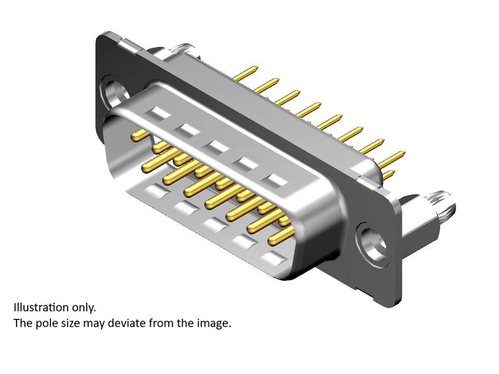 Ein metallischer D-Sub-Stecker mit mehreren goldenen Anschlusspins, seitlich montierbar. Text: 'Illustration only. The pole size may deviate from the image.'