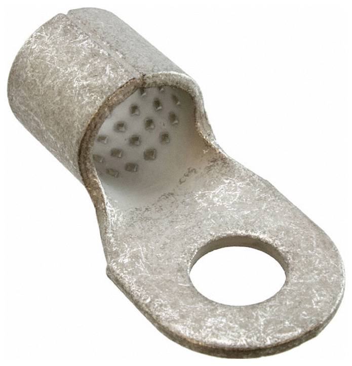 Ein metallisches Ösenende mit einem hohlen zylindrischen Ende und einem flachen, kreisförmigen Loch für sichere elektrische Verbindungen.