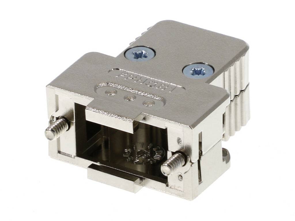 Metall-Steckverbinder mit rechteckiger Form, zwei blauen Schrauben und integriertem Befestigungsmechanismus.