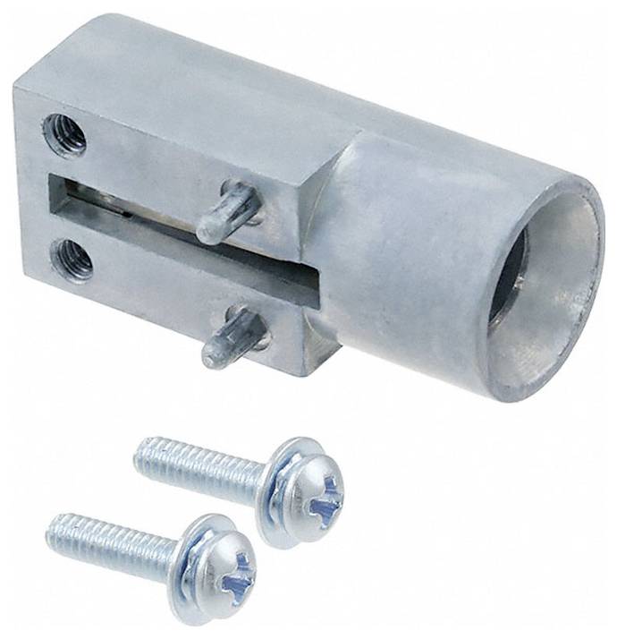 Ein Metallverbindungsstück mit einem zylindrischen Ende und zwei enthaltenen Schrauben, wahrscheinlich zum Befestigen von Rohren oder Stangen in einer mechanischen Baugruppe.