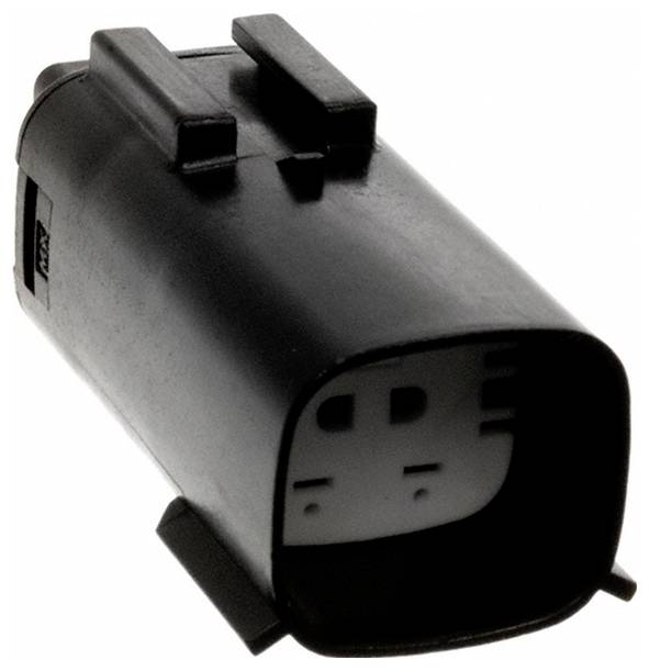 Ein schwarzer Elektrostecker mit rechteckiger Form und mehreren Stiften im Inneren wird gezeigt, wahrscheinlich für Automobilanwendungen genutzt.