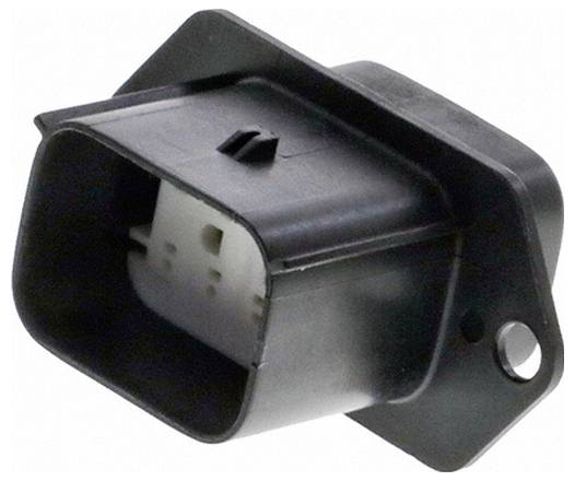 Ein schwarzer rechteckiger Elektrostecker mit Befestigungsflansch, mit weißem Innenraum und zwei sichtbaren Metallstiften im Inneren.