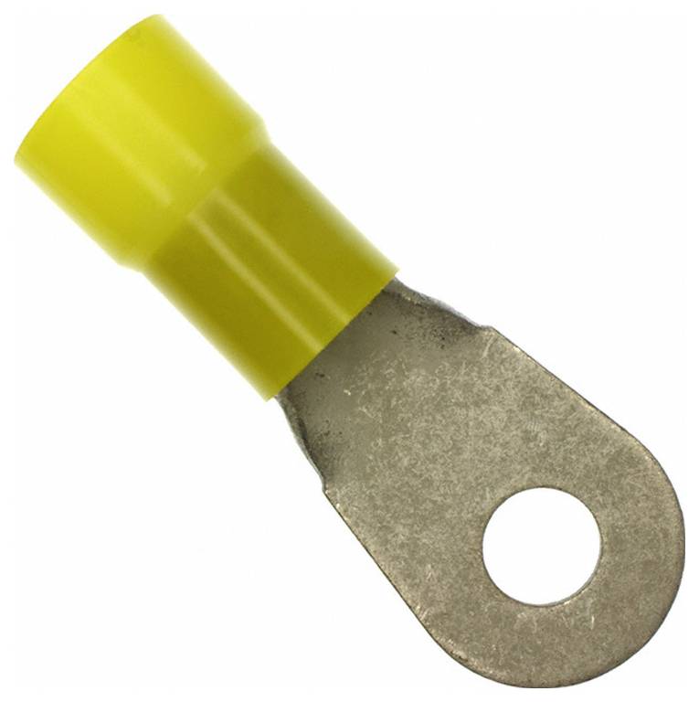 Ein gelbes, isoliertes Ringkabelschuh mit einer Metallöse zum Verbinden von Drähten.