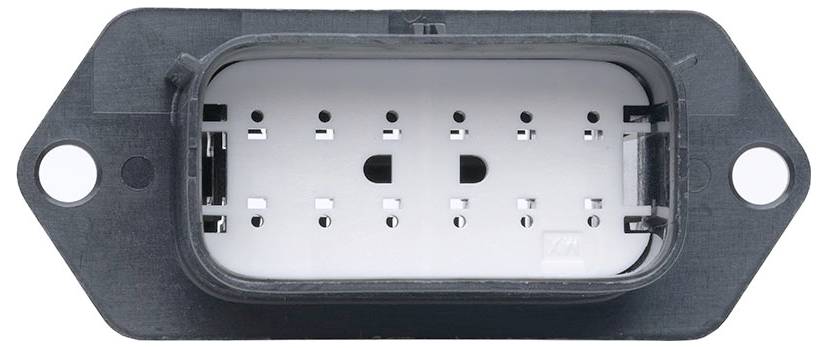 Ein rechteckiger elektrischer Stecker mit mehreren Metallstiften in einem schwarzen Gehäuse, ausgelegt zur Montage, mit zwei kreisförmigen Löchern auf jeder Seite.