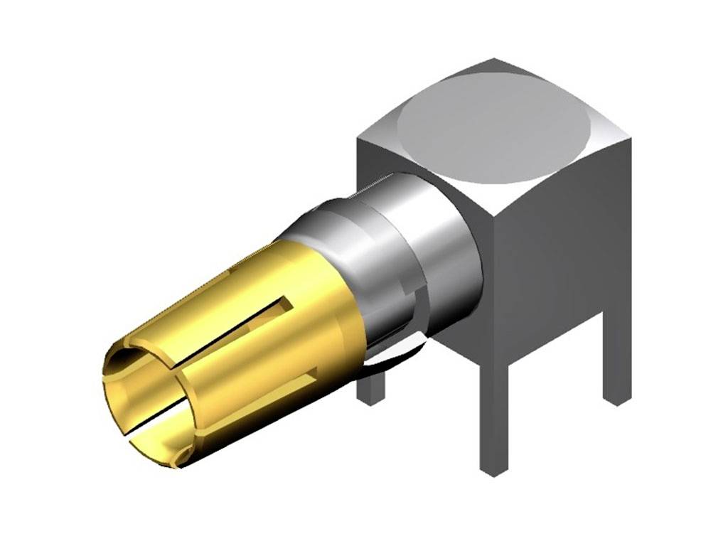 Ein gelber und silberner metallischer Steckverbinder mit rechteckigem Sockel und zylindrischem Anschluss, seitlich dargestellt.