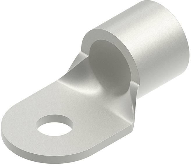 Eine silberne metallische Kabelschuh mit einem kreisförmigen Loch zum Befestigen an einer Oberfläche, entwickelt zum sicheren Verbinden von elektrischen Drähten.