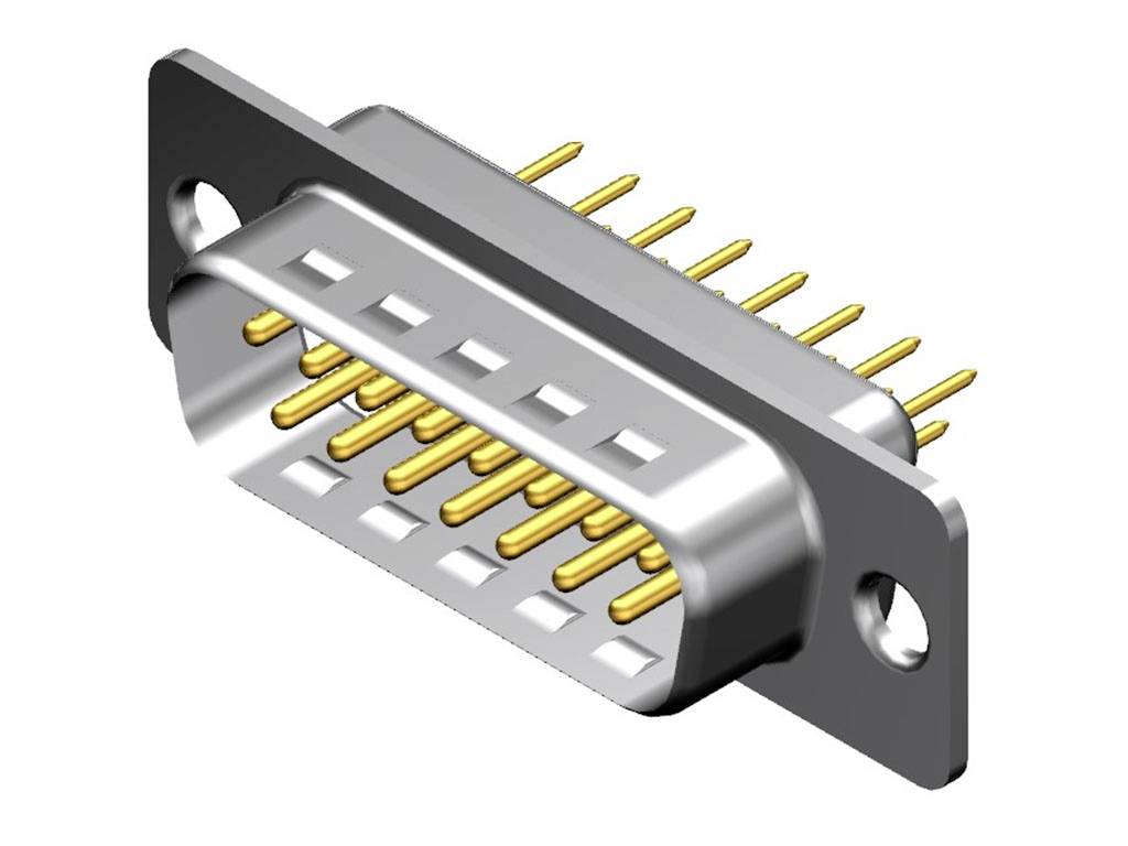 Ein rechteckiger Steckverbinder mit zwei Reihen goldener Pins und Schraubbefestigungen.