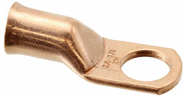 Kupferkabelschuh mit rechtwinkliger, gekrümmter Ausführung und einem kreisförmigen Loch für elektrische Verbindungen.