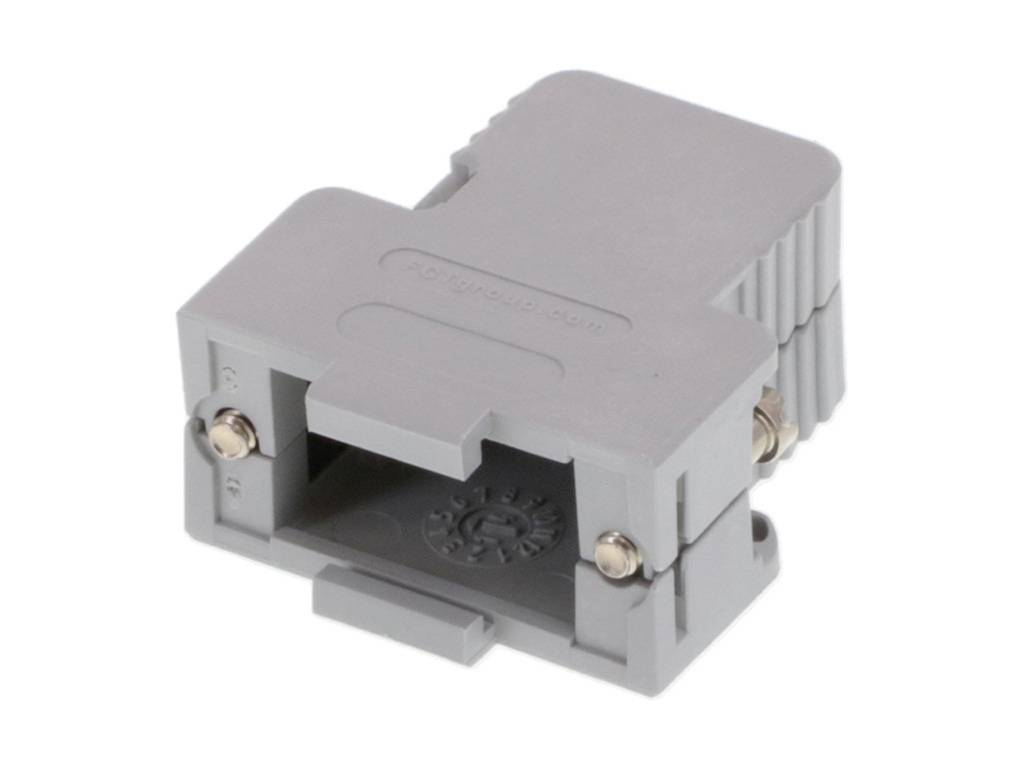Grauer elektrischer Adapter mit rechteckiger Form und Metallkontakten, dient zur Verbindung von Kabeln in technischen Anwendungen.