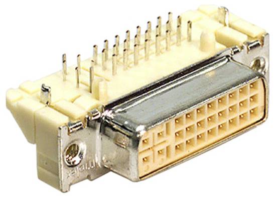 Das Bild zeigt einen DVI-Anschluss mit Pins zur Videosiganweitergabe. Er wird verwendet, um einen Computer mit einem Anzeigegerät zu verbinden.