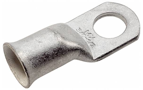 Eine Metallsteckverbinder-Kabelschuh mit einem zylindrischen Schäkel und einem flachen Loch zur sicheren Verbindung, verwendet zum Abschluss von Elektrokabeln.