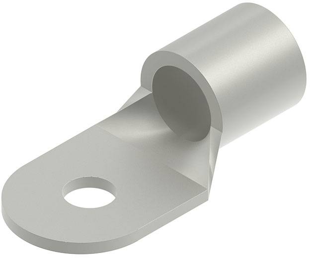 Eine Metallöse mit einem zylindrischen Lauf, der mit einer flachen, ovalen Basis verbunden ist, die ein zentrales Loch zum Befestigen elektrischer Kabel aufweist.