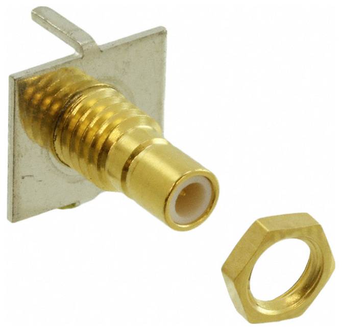Ein goldfarbener HF-Stecker mit quadratischem Flansch und begleitende Sechskantmutter, verwendet für Hochfrequenzanwendungen.