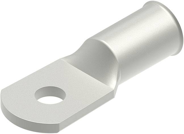 Eine silberfarbene Metallöse mit einem zylindrischen Schacht und einer flachen, rechteckigen Lasche mit einem kreisförmigen Loch, die für elektrische Verbindungen verwendet wird.