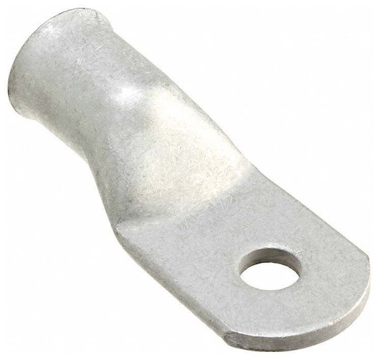 Metallische Ösenklemme mit abgerundetem Ende und Loch, verwendet zum Verbinden von Elektrokabeln, vor einem einfachen weißen Hintergrund.