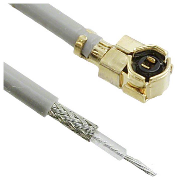 Zwei koaxiale Kabel mit Goldsteckern; das obere Kabel ist intakt, das untere Kabel ist abisoliert und zeigt die Metallumflechtung und den mittleren Leiter.