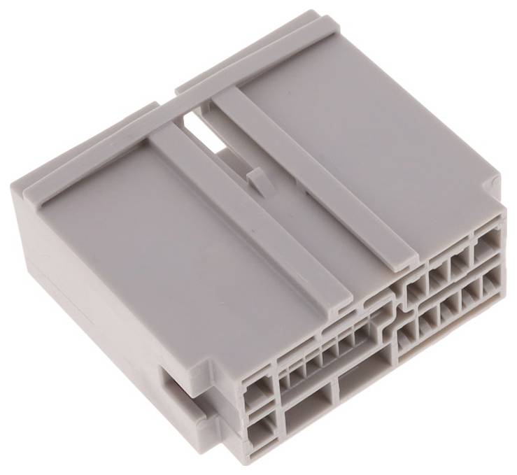 Ein rechteckiger grauer Kunststoffverbindungsblock mit mehreren Steckplätzen für elektronische Verbindungen oder Verdrahtungsaufbauten.