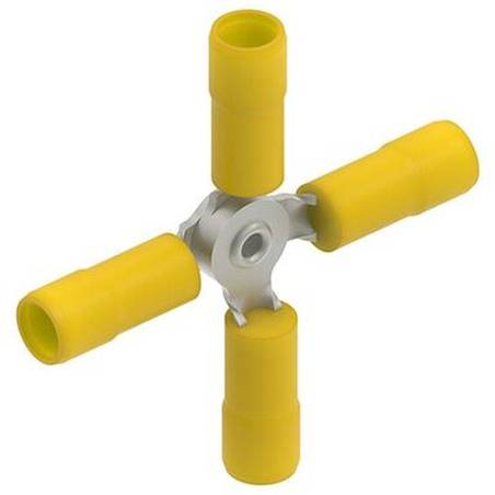 Vier gelbe zylindrische Stecker, die in einem Kreuz mit einem weißen zentralen Nabe angeordnet sind.