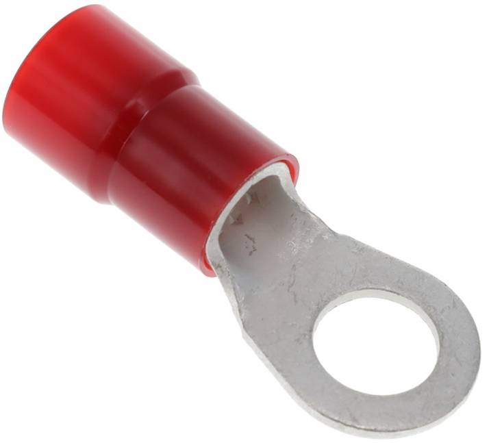 Ein rotes isoliertes Ringkabelschuh mit einer Metallöse zum Anschluss von elektrischen Drähten an einen Klemmblock oder Bolzen.