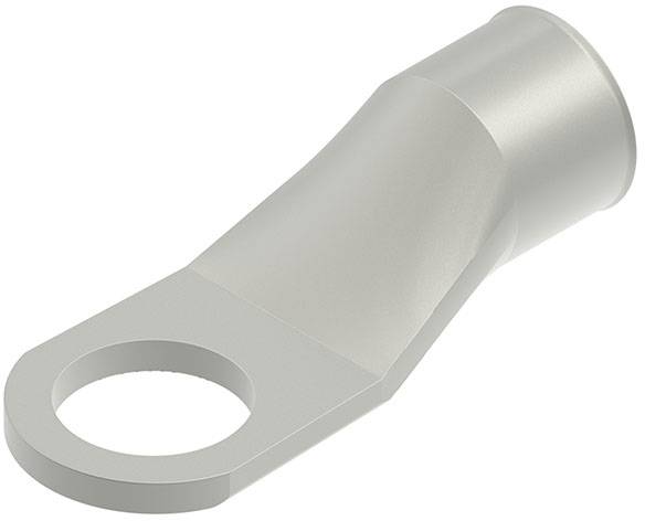 Eine metallische Kabelschuh mit einem zylindrischen Ende, das sich in einen flachen Abschnitt verjüngt und ein kreisförmiges Loch zur Kabelanbringung aufweist.