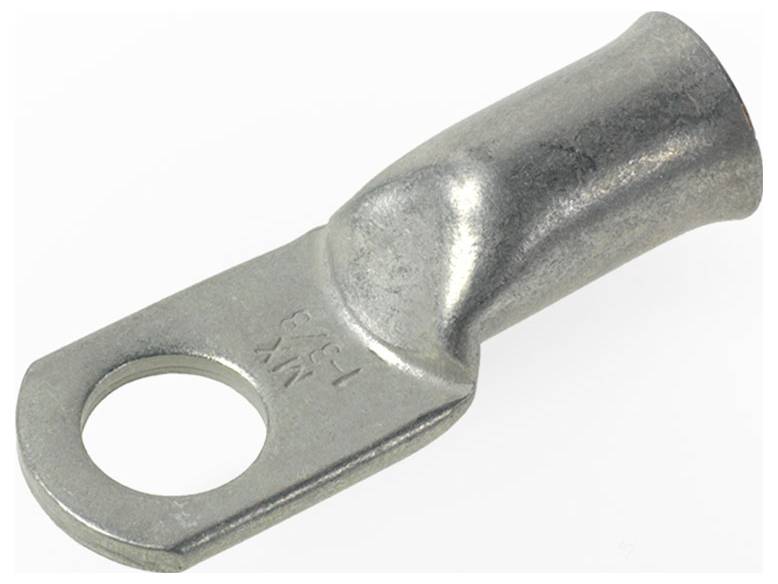 Eine metallische Kabelschuh mit flachem kreisförmigem Ende zum Verbinden von Drähten, mit einem Loch zur sicheren Befestigung an einem Anschluss oder Stecker.