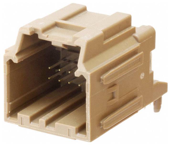 Ein brauner elektronischer Stecker mit offener Spitze, der die internen Stifte und Schlitze zum Einstecken des Kabels zeigt.