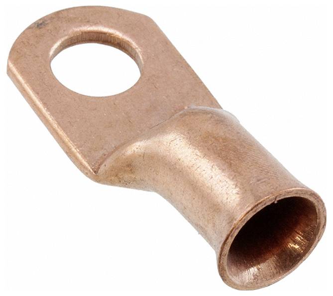 Ein Kupferlugklemmen-Verbinder mit einem hohlen Ende zum Einführen von Drähten und einem flachen Ende mit einem Loch zur Befestigung mit einem Bolzen oder einer Schraube.