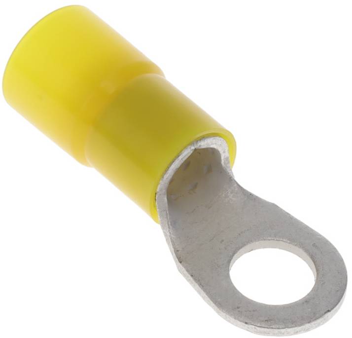 Gelber isolierter Autoanschluss mit Metallöse zum Befestigen von Drähten, verwendet in elektrischen Anwendungen.